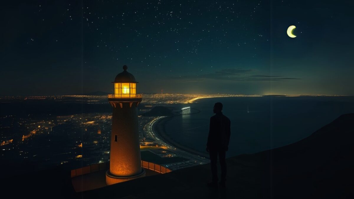 Homme seul au sommet du phare des mamelles de Dakar. © SAMAKE - AI Generated image