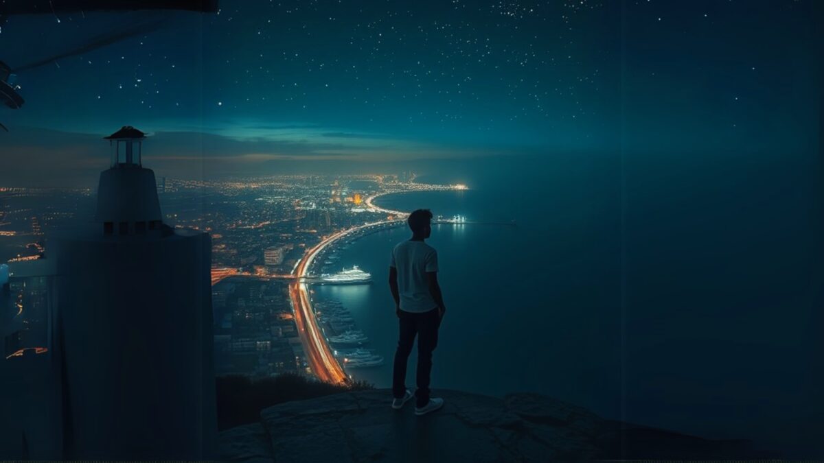 Homme seul au sommet du phare des mamelles de Dakar. © SAMAKE - AI Generated image