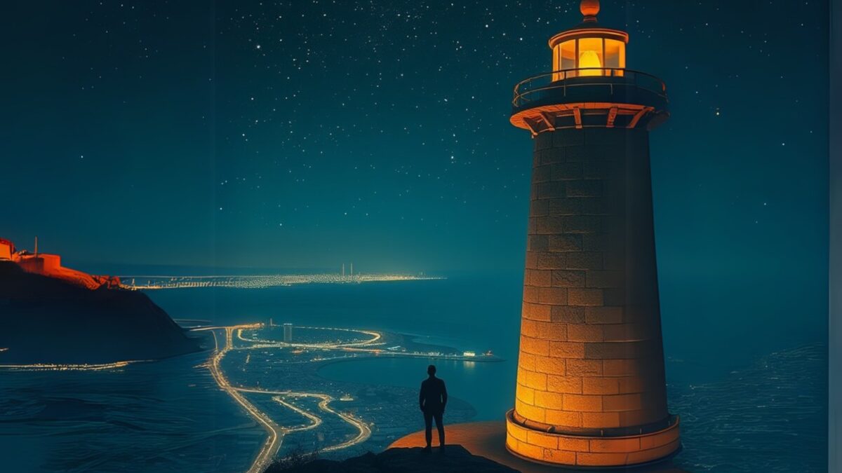 Homme seul au sommet du phare des mamelles de Dakar. © SAMAKE - AI Generated image