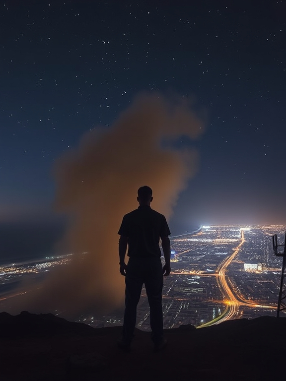 Homme seul au sommet du phare des mamelles de Dakar. © SAMAKE - AI Generated image