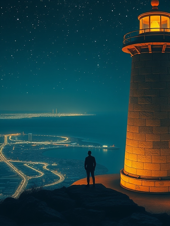 Homme seul au sommet du phare des mamelles de Dakar. © SAMAKE - AI Generated image